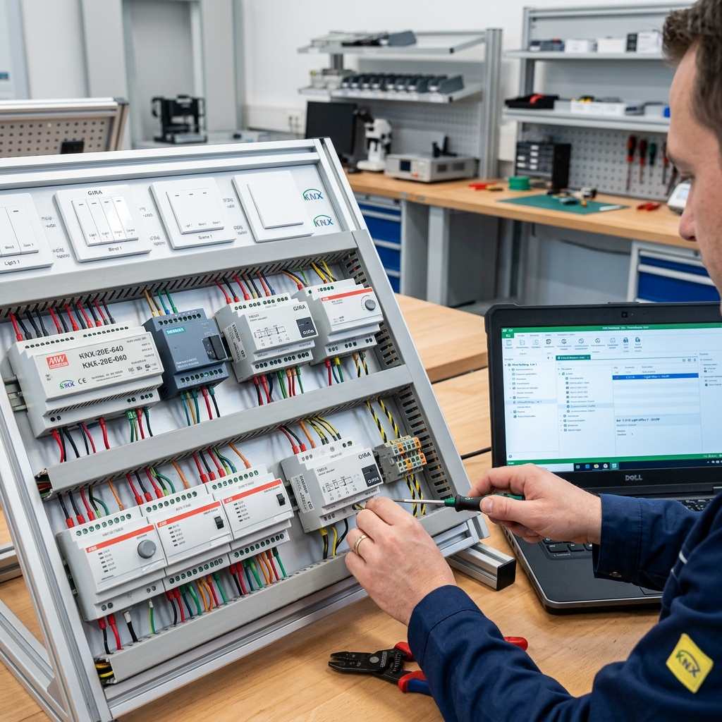 Engineering hands configuring physical KNX trainer kits